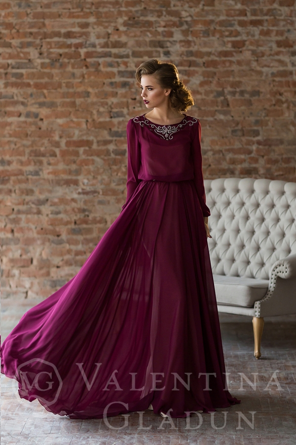 шифоновое вечернее платье в пол цвета бордо