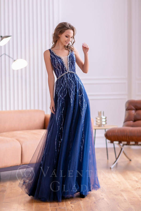 Синее вечернее платье в пол Марион 2021