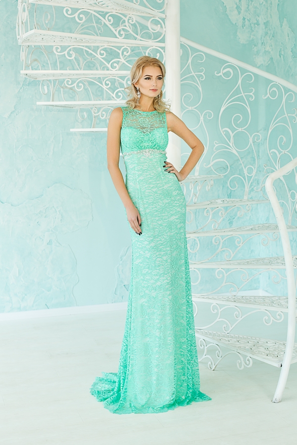 длинное гипюровое платье Jade цвета аквамарин