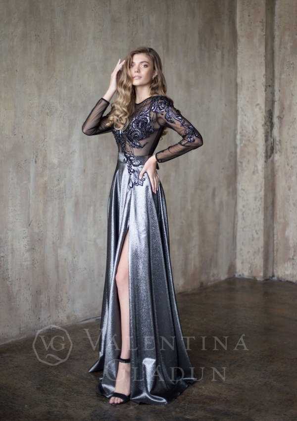 Серебристое вечернее платье с длинной юбкой Мэлани 2020-21