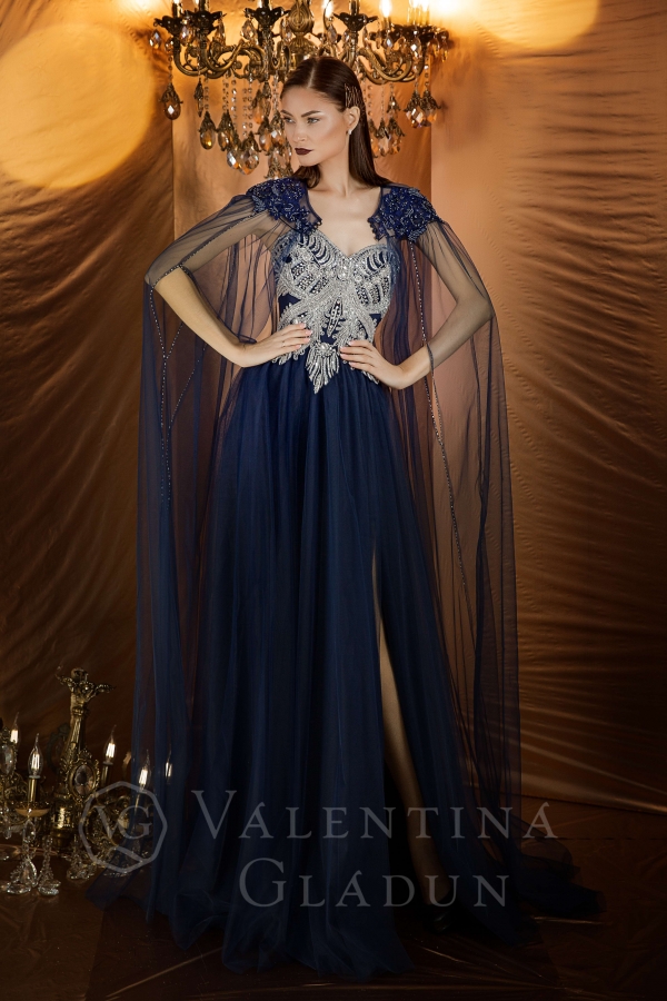 синее эксклюзивное вечернее платье с расшитым корсетом и разрезом Гермиона 