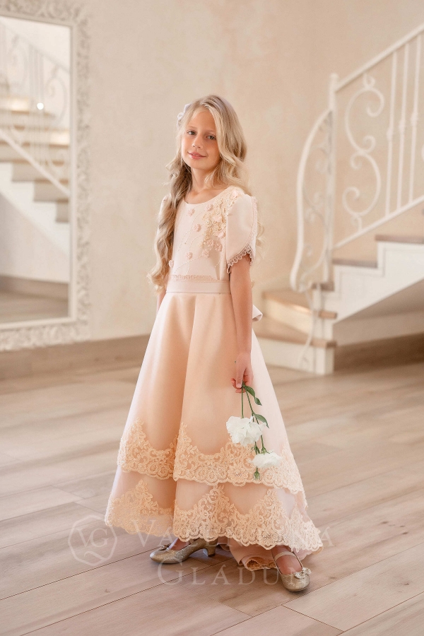 Кружевное нарядное платье для девочки розовый беж ANNABELLE 